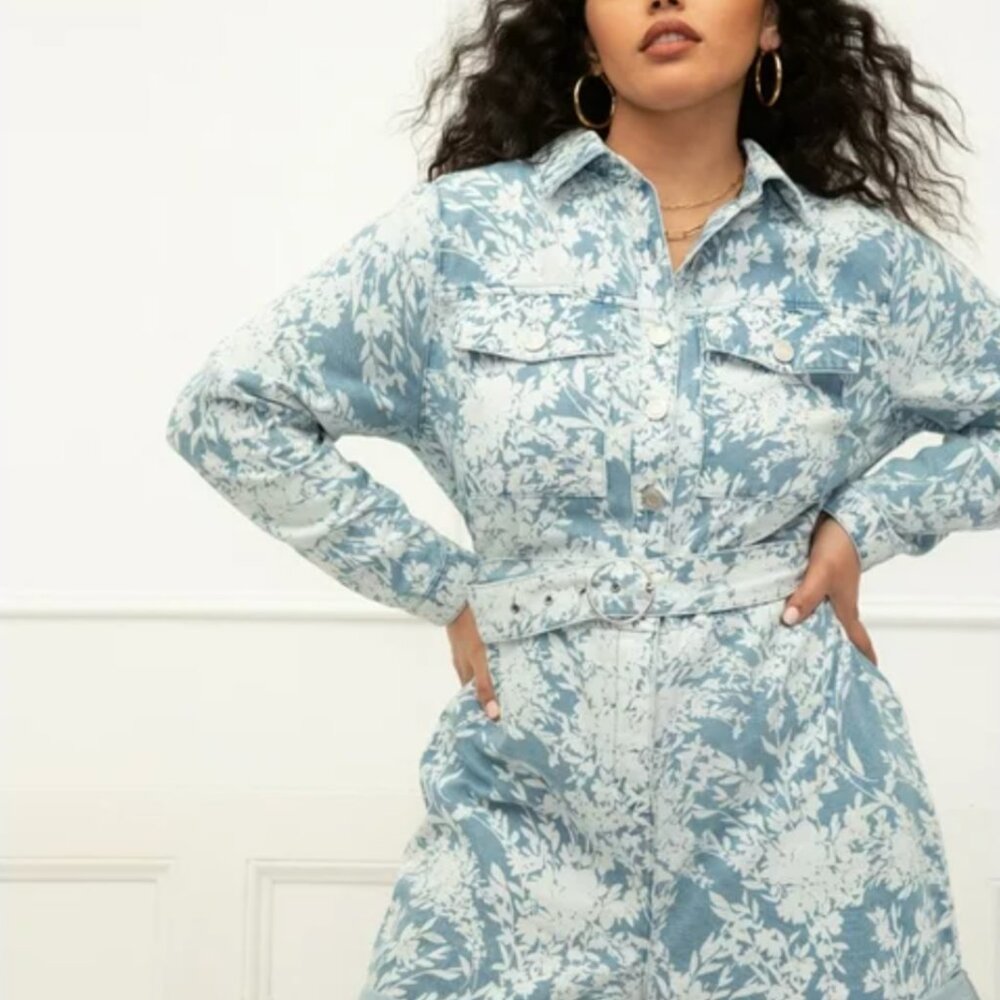 Eloquii Blue and White Floral Jumpsuit